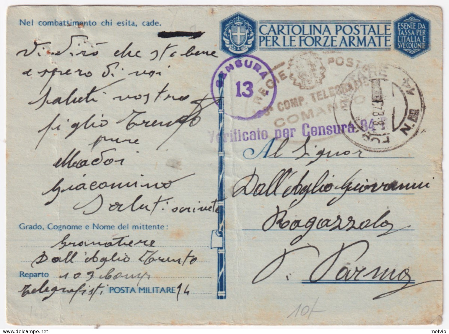 1943-Posta Militare/n.ro 14 C.2 (8.8) Su Cartolina Franchigia - Marcophilie
