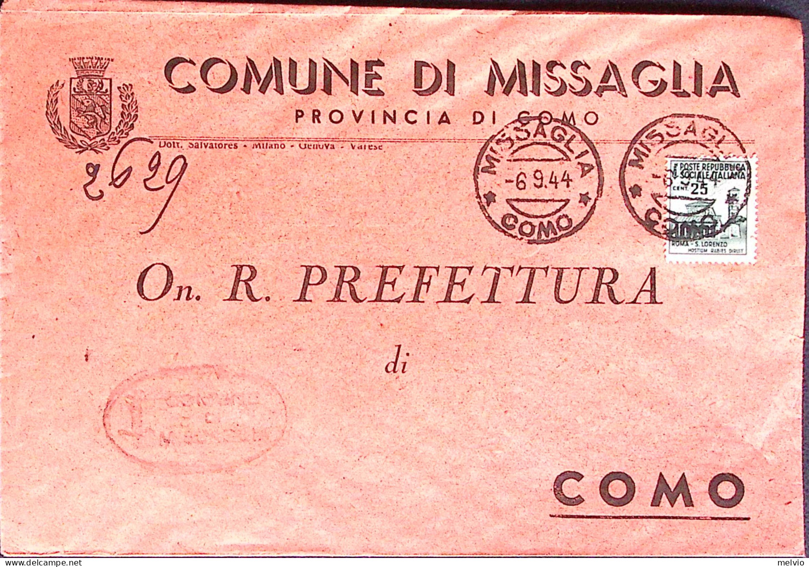 1944-R.S.I. Monumenti C.25 Isolato Su Busta Missaglia (6.9) - Marcofilie