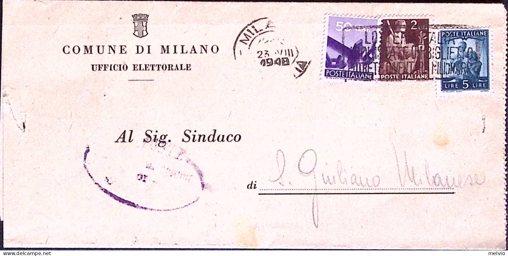 1948-Democratica C.50 + Lire 2 E 5 Su Piego Tariffa Ridotta Sindaci Milano (23.8 - 1946-60: Marcofilia