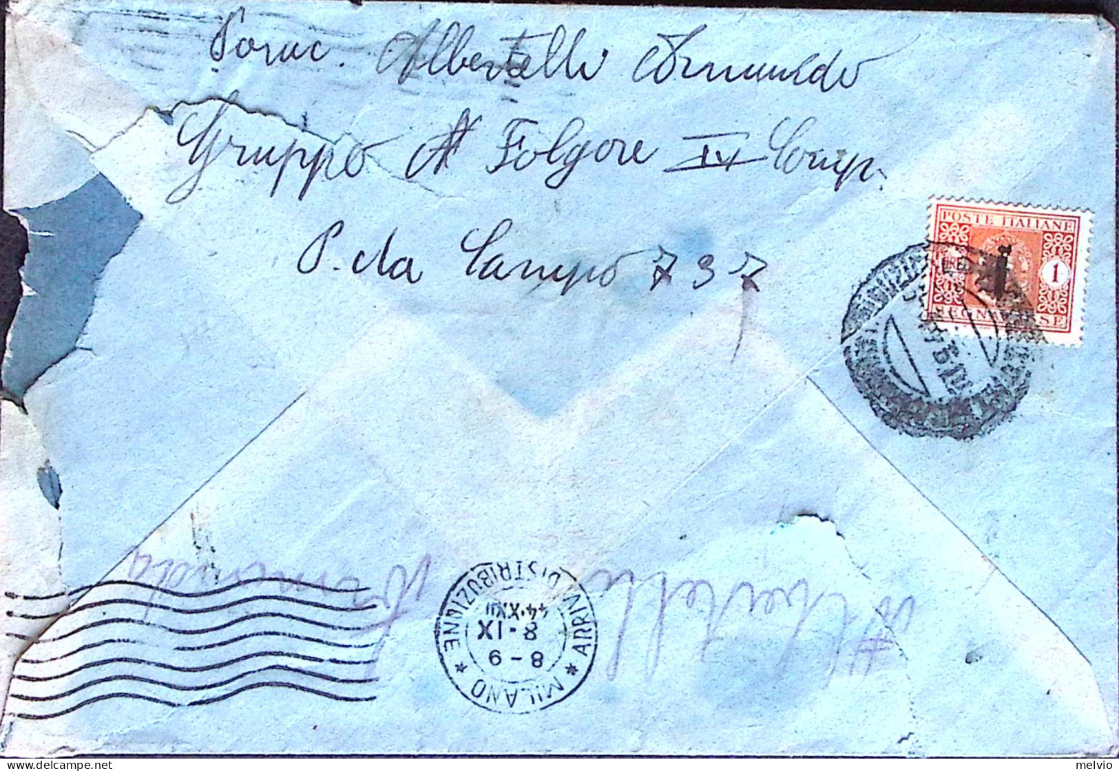 1944-Segnatasse Soprastampato Fascetto Lire 1 Apposto A Milano (10.9) Al Verso D - Poststempel