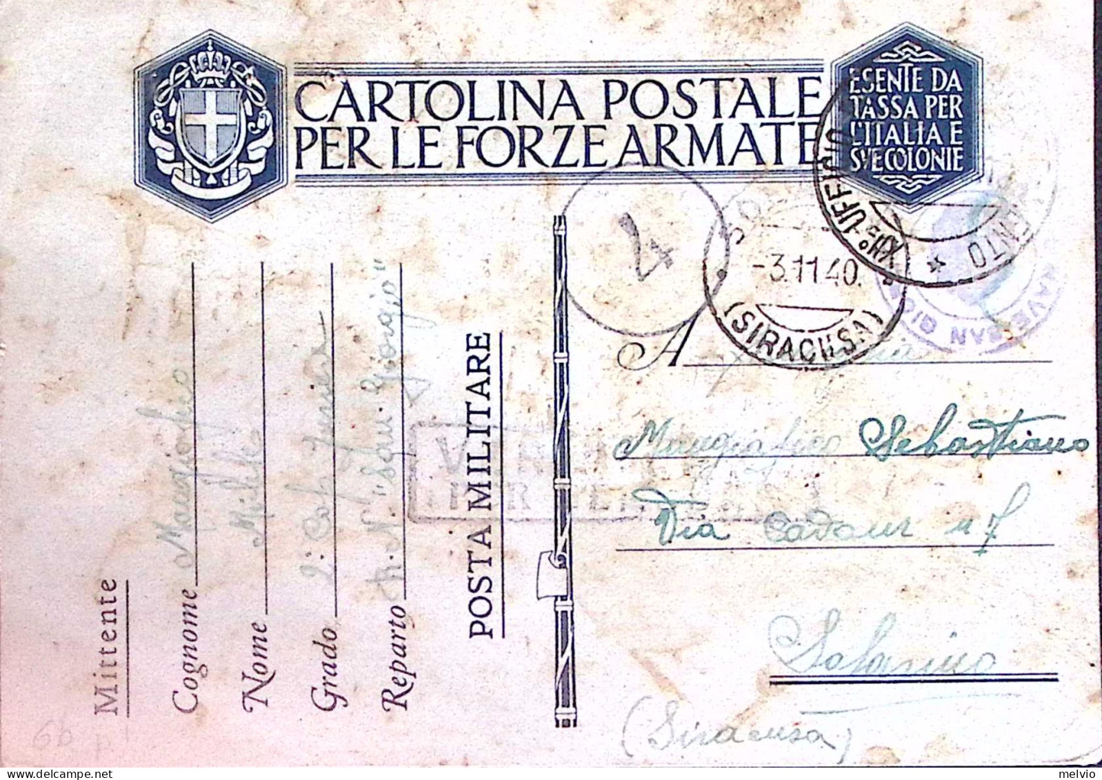 1940-R.N. SAN GIORGIO Tondo Viola Su Cartolina Franchigia Fori Di Spillo - Guerre 1939-45