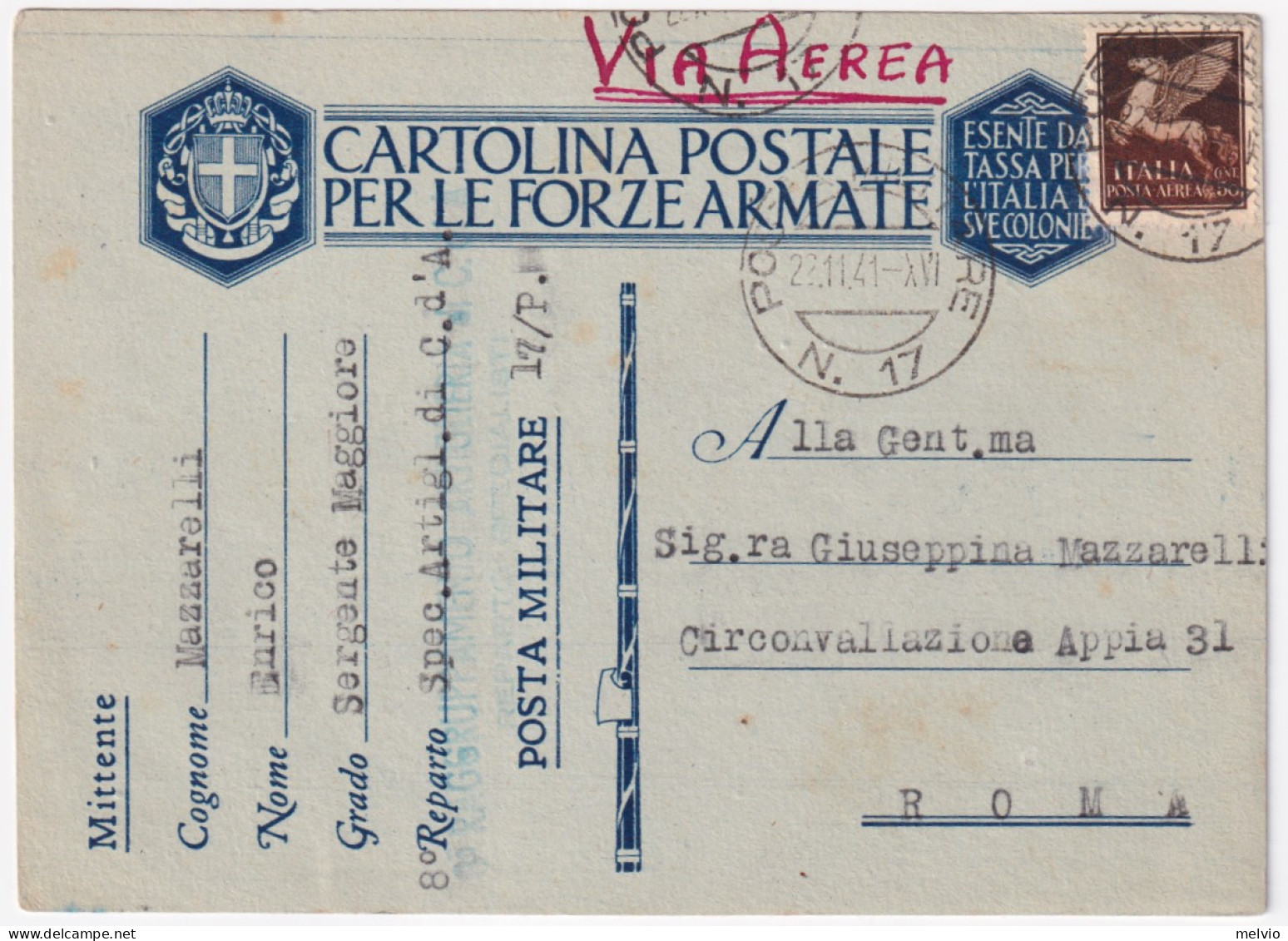 1941-Posta Militare/n. 17 C.2 (22.11) Su Cartolina Franchigia Via Aerea - Marcophilie