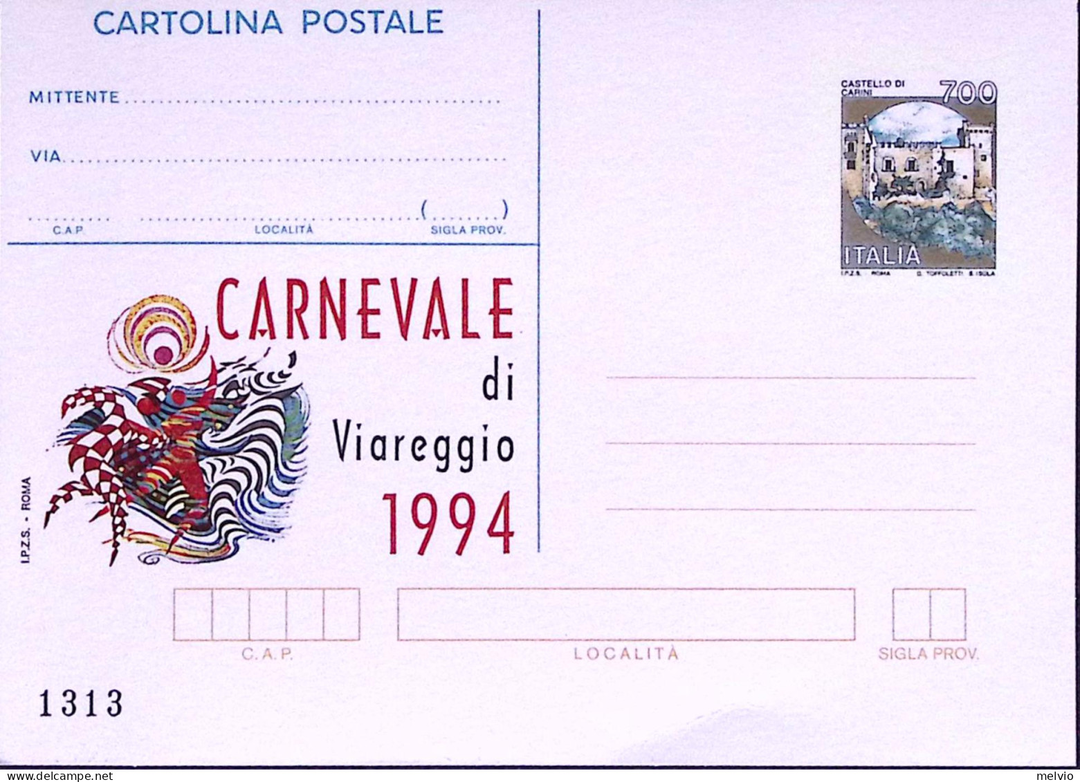1994-VIAREGGIO CARNEVALE Cartolina Postale Lire 700 Soprastampata I.P.Z.S. Nuova - Stamped Stationery