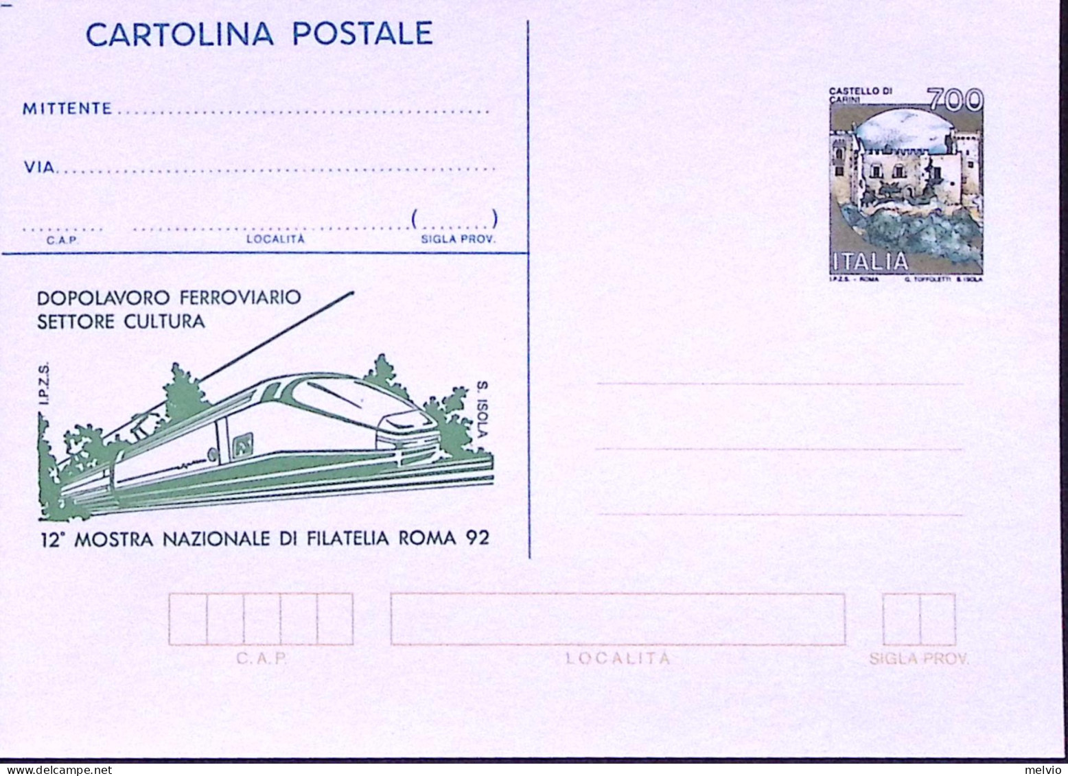 1992-MOSTRA NAZ. FILATELIA Cartolina Postale Lire 700 Soprastampata I.P.Z.S. Nuo - Ganzsachen