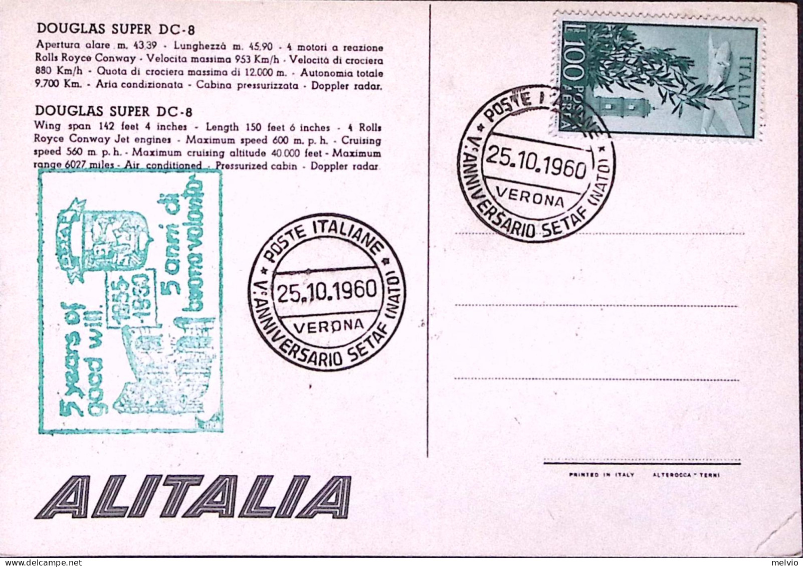 1960-5 ANNIVERSARIO SETAF NATO Annullo Speciale (25.10) Su Cartolina - 1946-60: Marcofilia