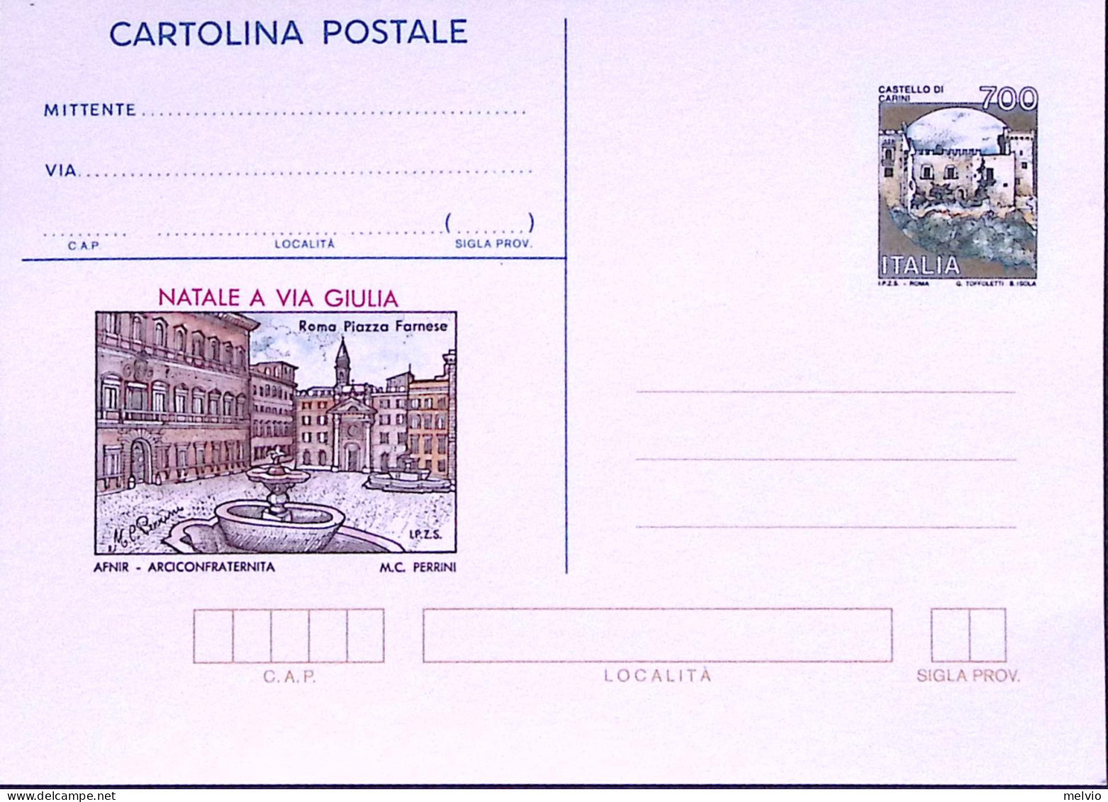 1993-NATALE A Via Giulia Cartolina Postale Castelli Lire 700 Soprastampata I.P.Z - Stamped Stationery