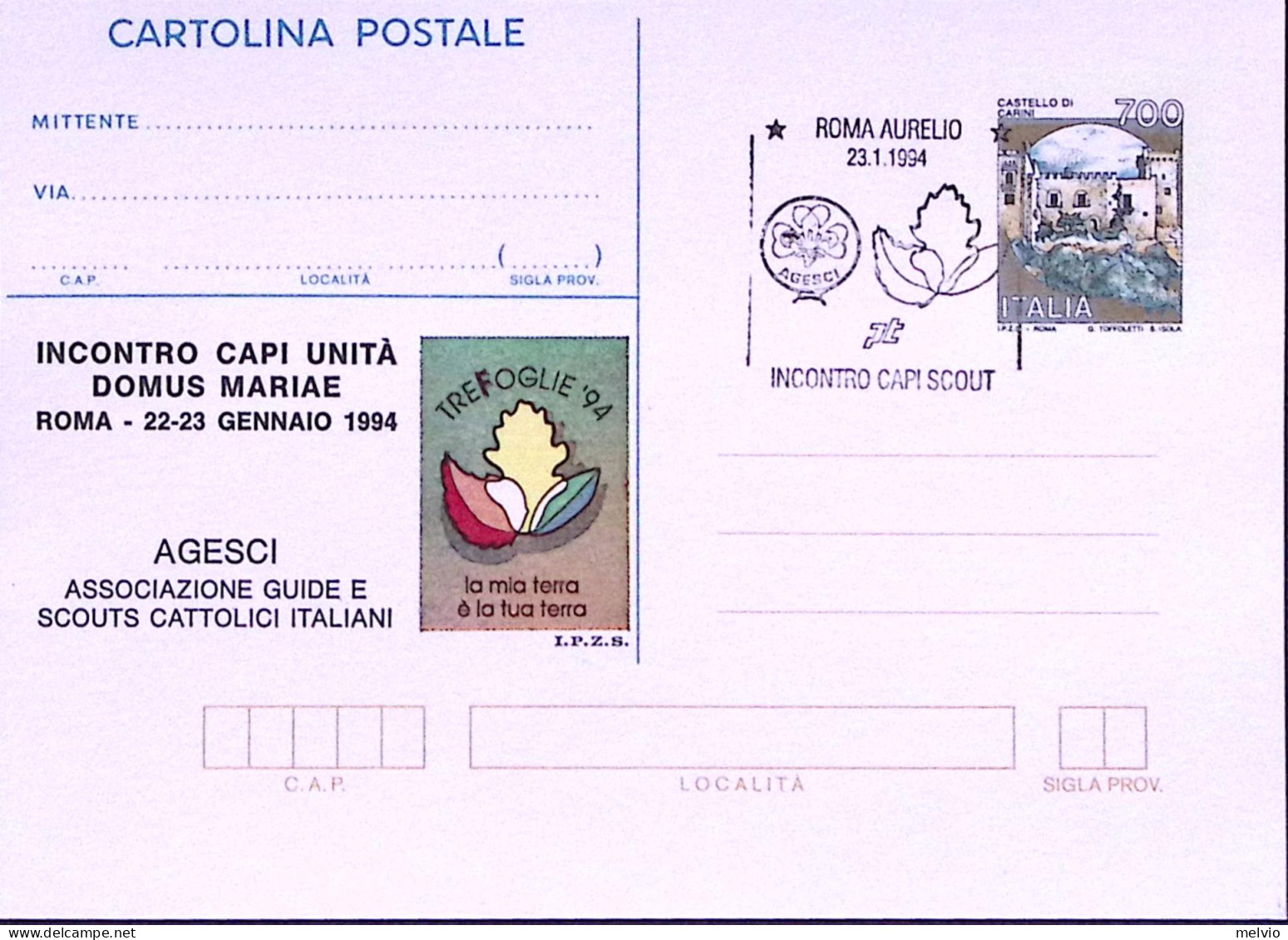 1994-AGESCI DOMUS MARIAE Cartolina Postale, Catelli Lire 700 Soprastampata I.P.Z - Ganzsachen