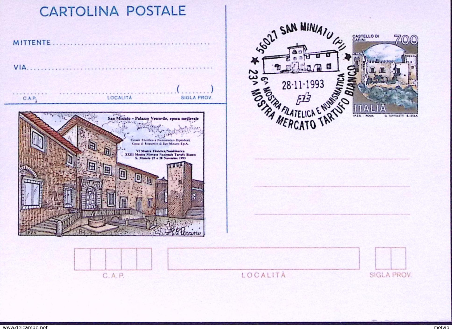 1993-SAN MINIATO (Pi) Cartolina Postale Castelli Lire 700, Soprastampato I.P.Z.S - Stamped Stationery