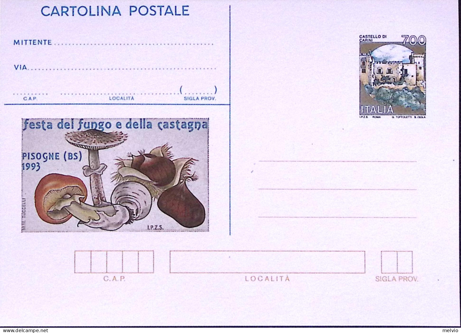 1993-PISOGNE Funghi E Castagne Cartolina Postale Castelli Lire 700, Soprastampat - Stamped Stationery