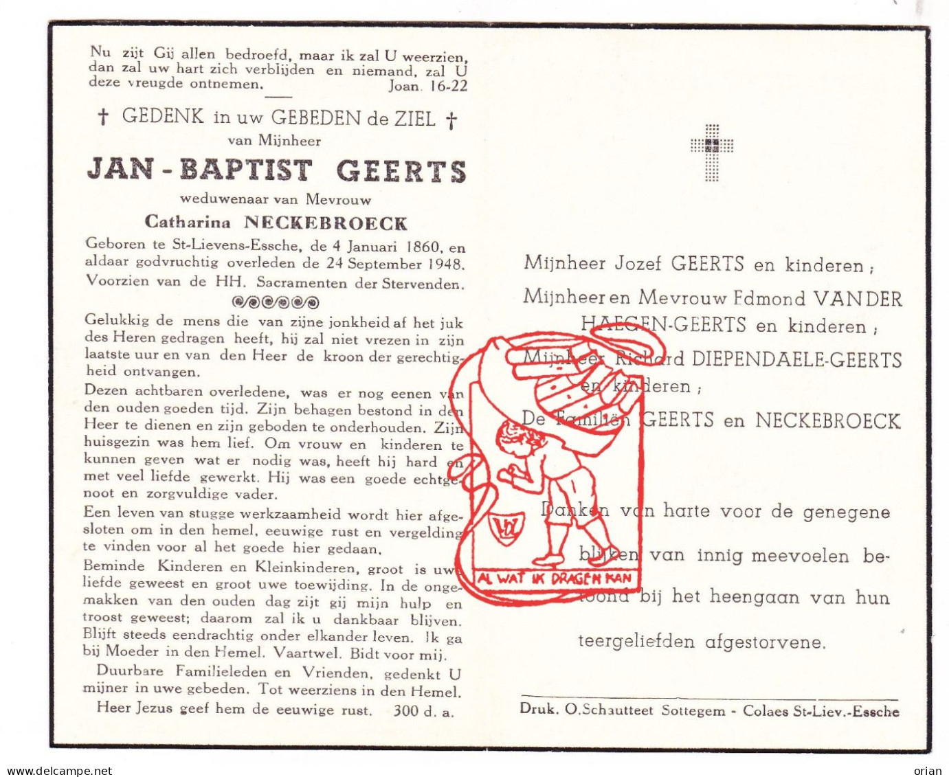 DP Jan Baptist Geerts ° Sint-Lievens-Esse Herzele 1860 † 1948 X Catharina Neckebroeck // Vanderhaegen Diependaele - Images Religieuses