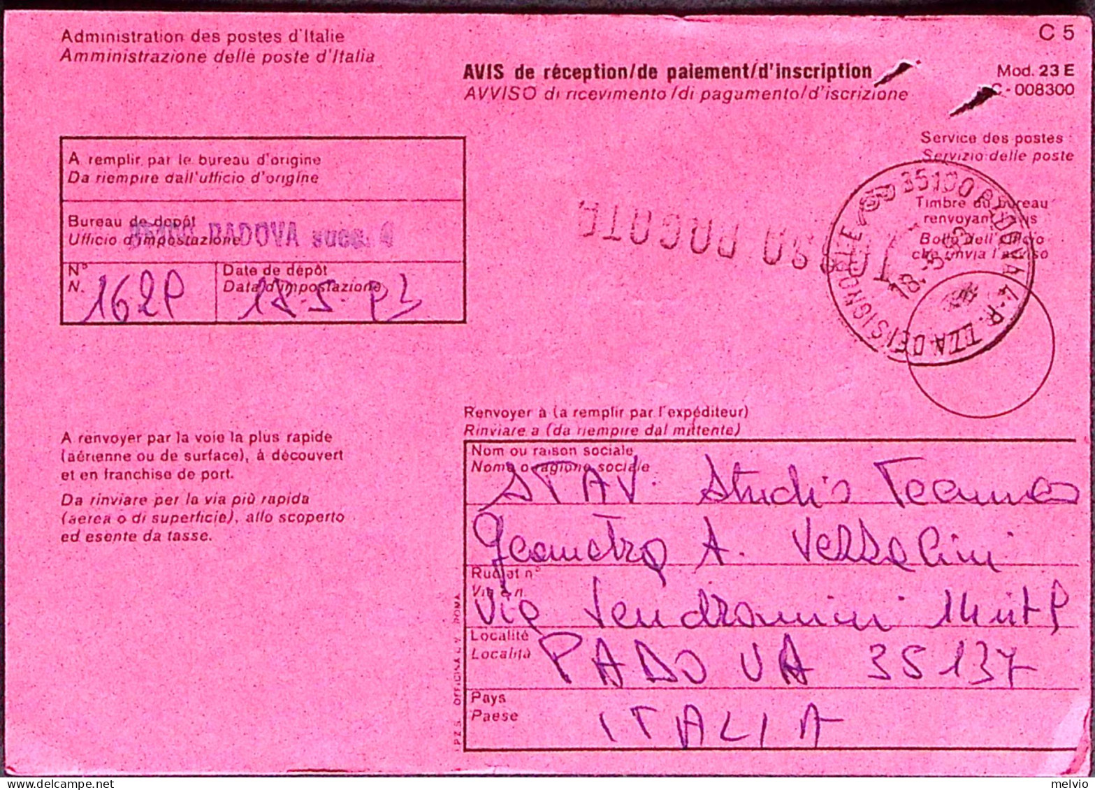 1993-AVVISO RICEVIMENTO PER ESTERO, Usato Padova (18.5) - 1991-00: Marcophilie