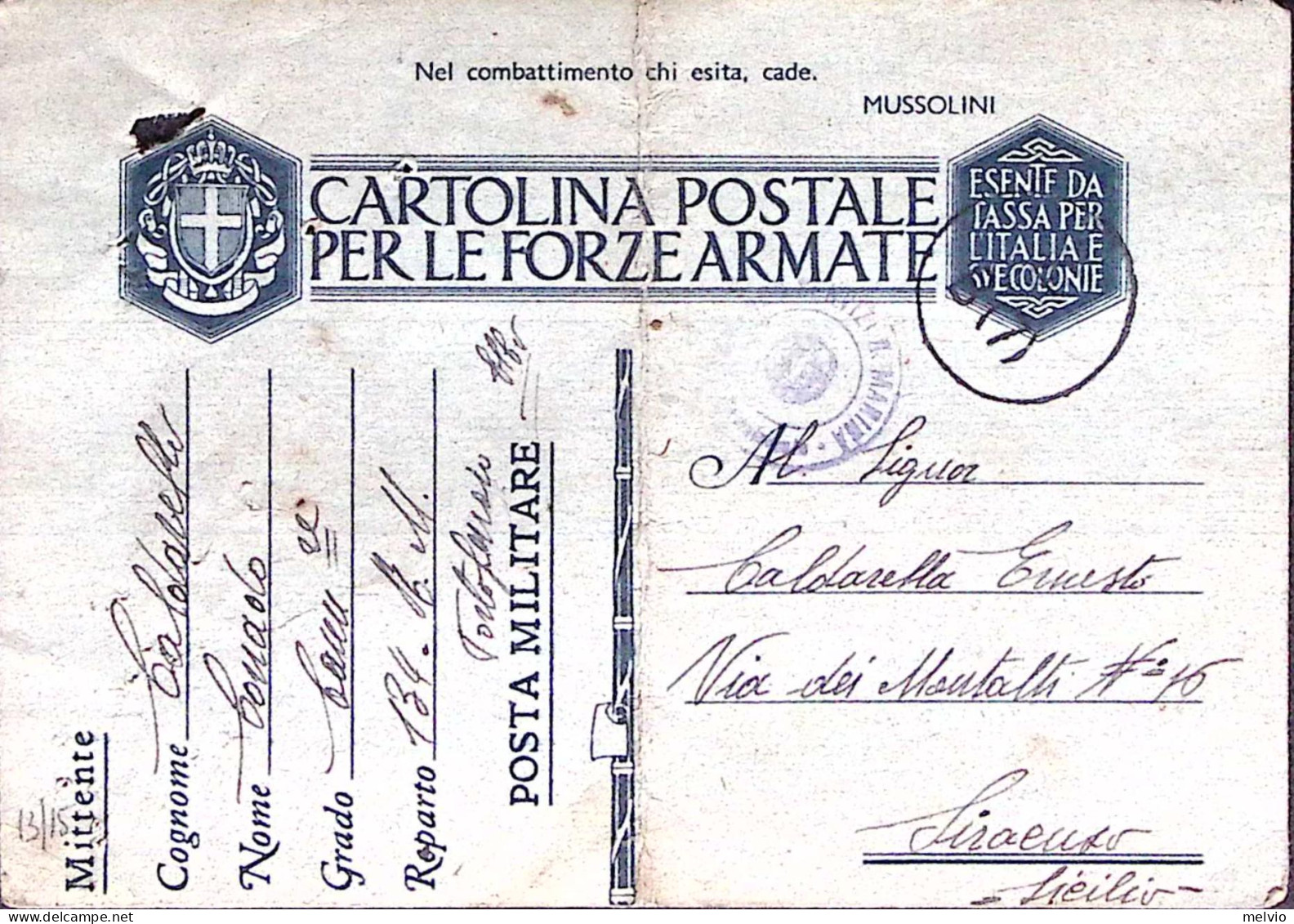 1943-COMANDO R. MARINA Portoferraio, Manoscritto Su Cartolina Franchigia Fori Sp - Guerre 1939-45