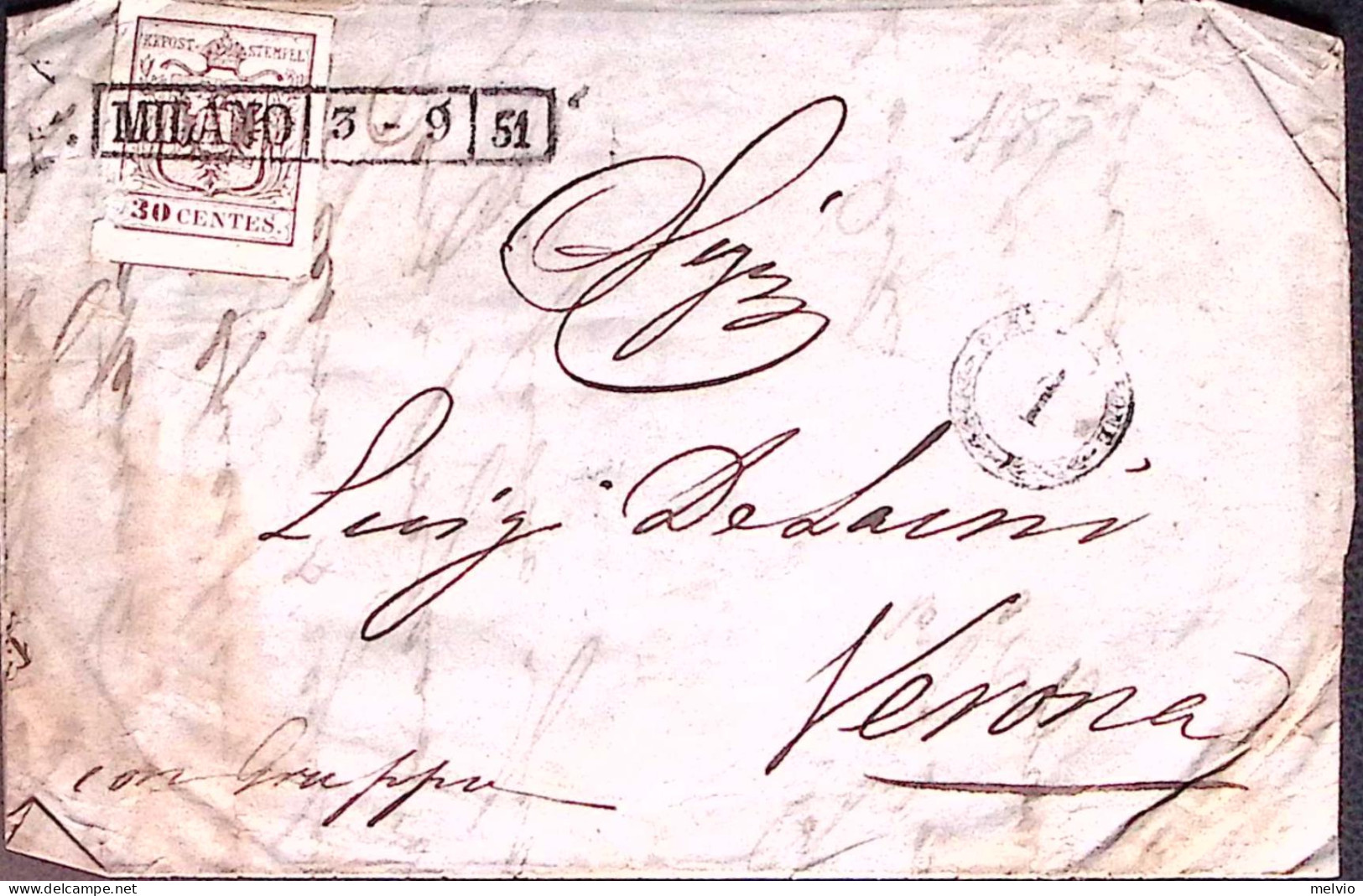 Lombardo Veneto-1851 30c. MILANO Cartella (3.9) Su Lettera Completa Di Testo - Lombardo-Venetien