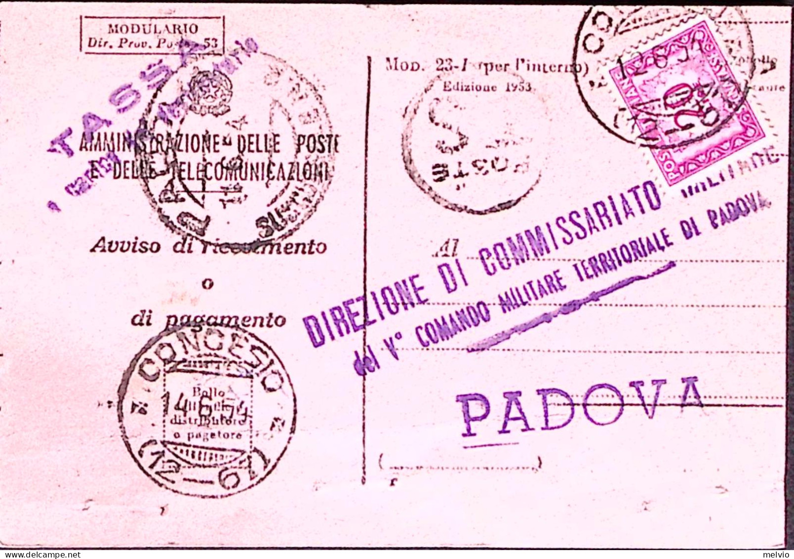 1954-Segnatasse Lire 20 Su Avviso Ricevimento, Tassa Carico Destinatario Concesi - 1946-60: Marcophilia