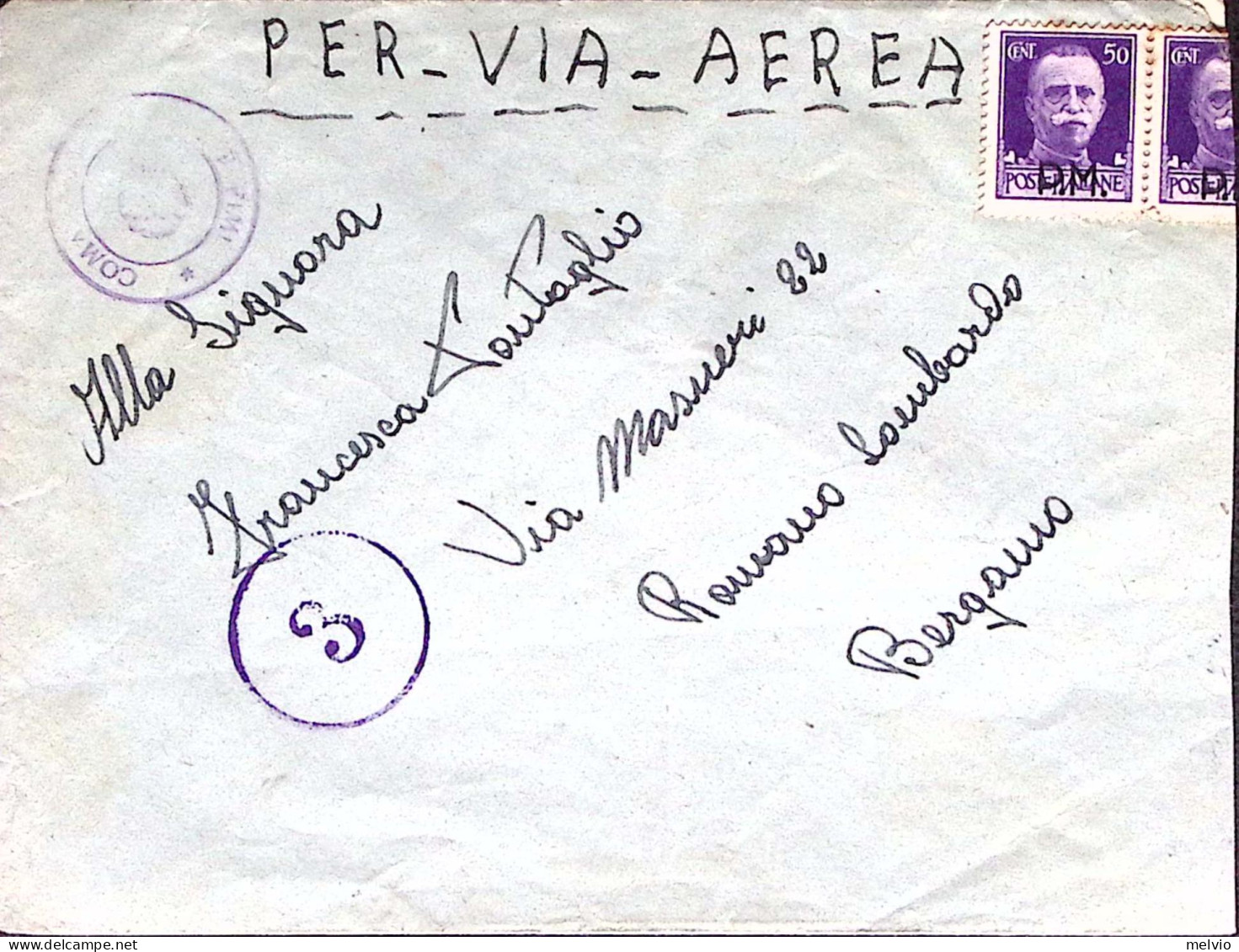 1943-R. C. T. CALATAFINI Manoscritto Al Verso Di Busta Via Aerea Affrancata Impe - Weltkrieg 1939-45