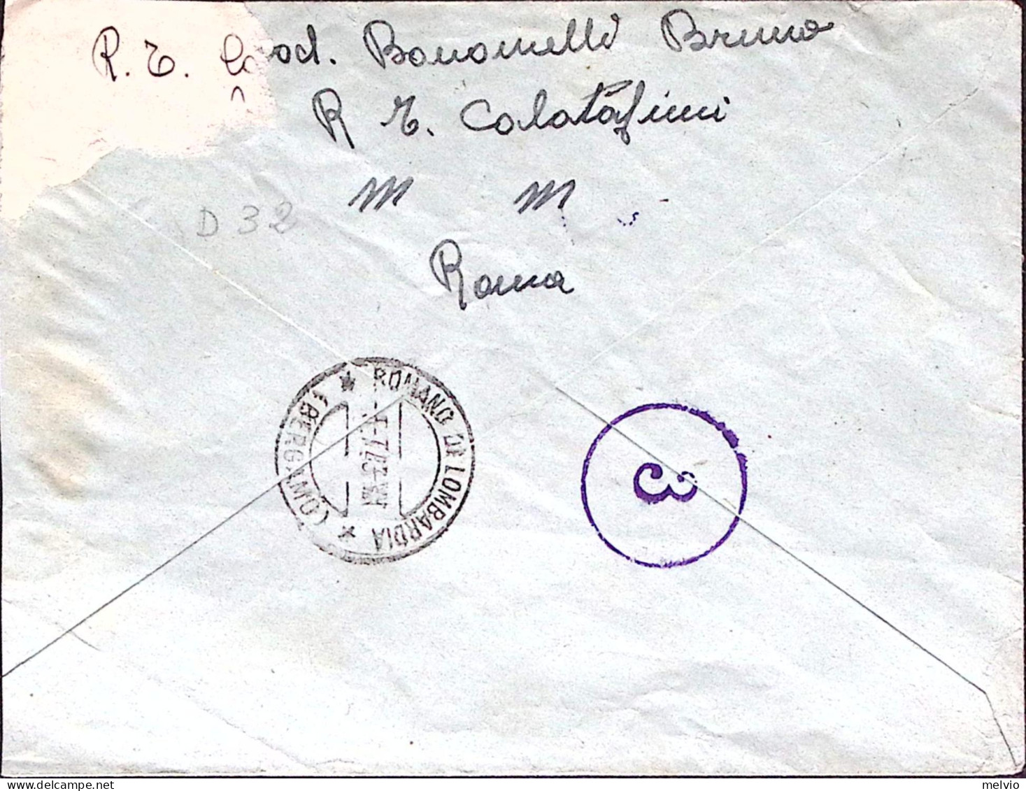 1943-R. C. T. CALATAFINI Manoscritto Al Verso Di Busta Via Aerea Affrancata Impe - Guerre 1939-45