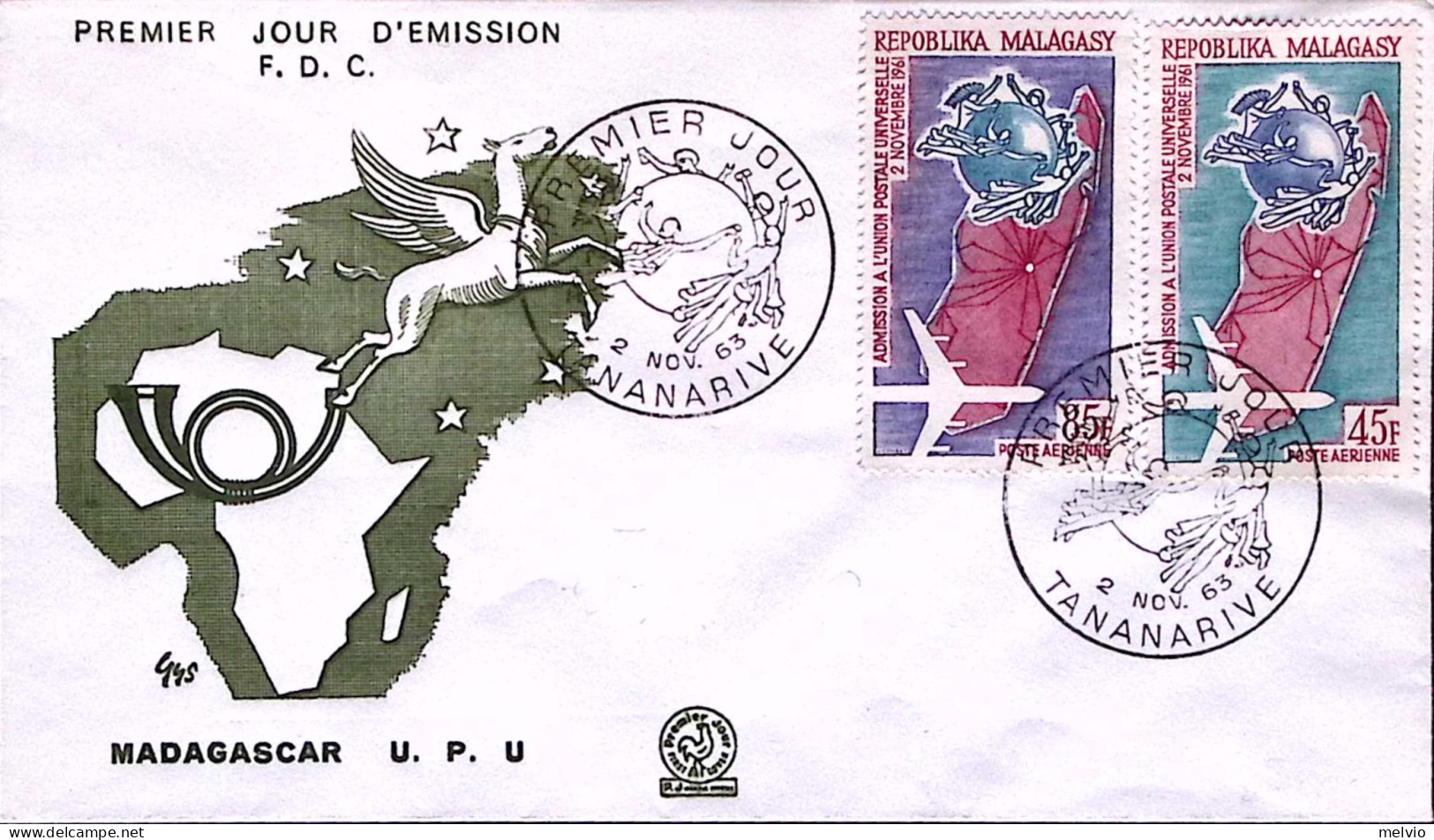 1963-Madagascar PA Anniversario Ammissione UPU Serie Completa Su Fdc - Madagascar (1960-...)