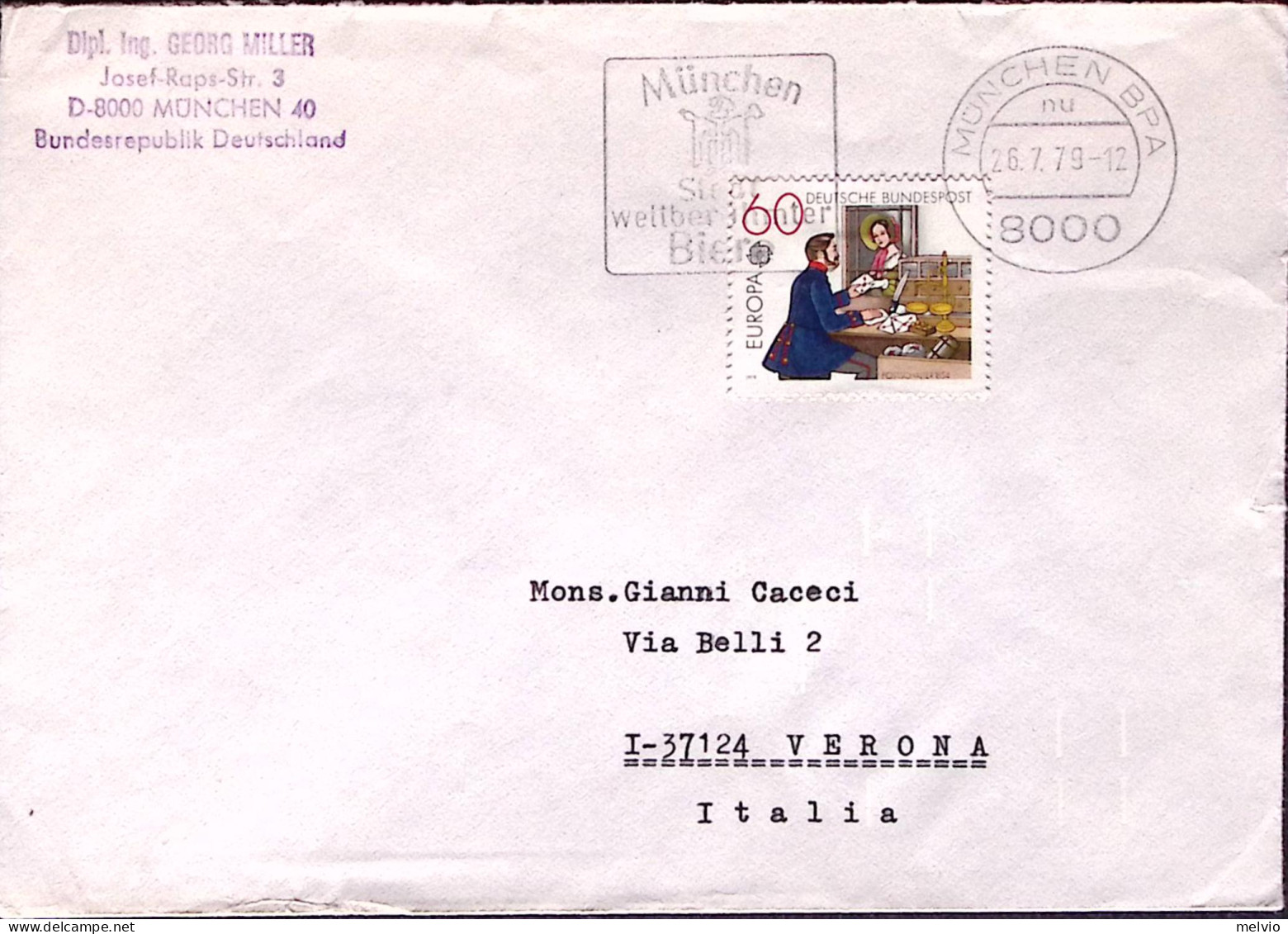1979-GERMANIA REP. FEDERALE Ufficio Postale P.60 Isolato Su Busta Monaco (28.7)  - Lettres & Documents