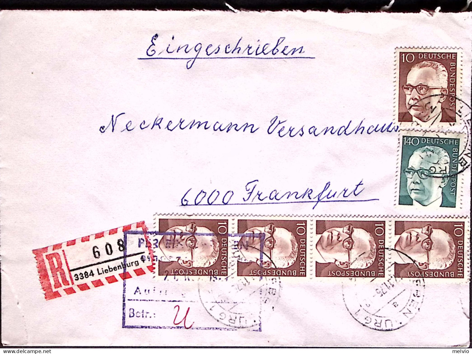 1975-GERMANIA REP. FEDERALE Heinemann P.140 + Cinque P.10 Su Raccomandata Lieben - Lettres & Documents