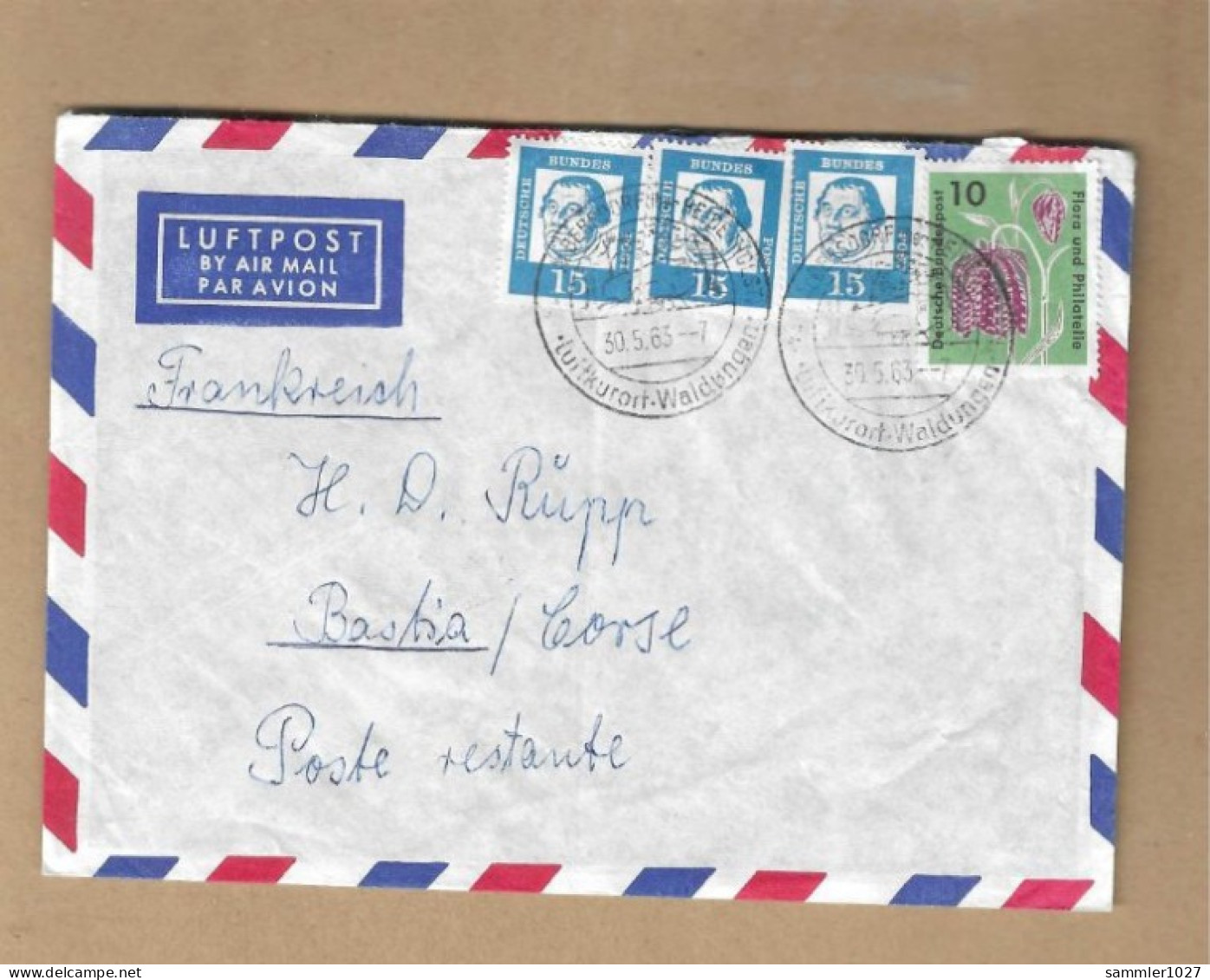 Los Vom 19.05 -  Briefumschlag Aus Albersdorf Nach Frankreich 1963 Mit Portomarke - Covers & Documents