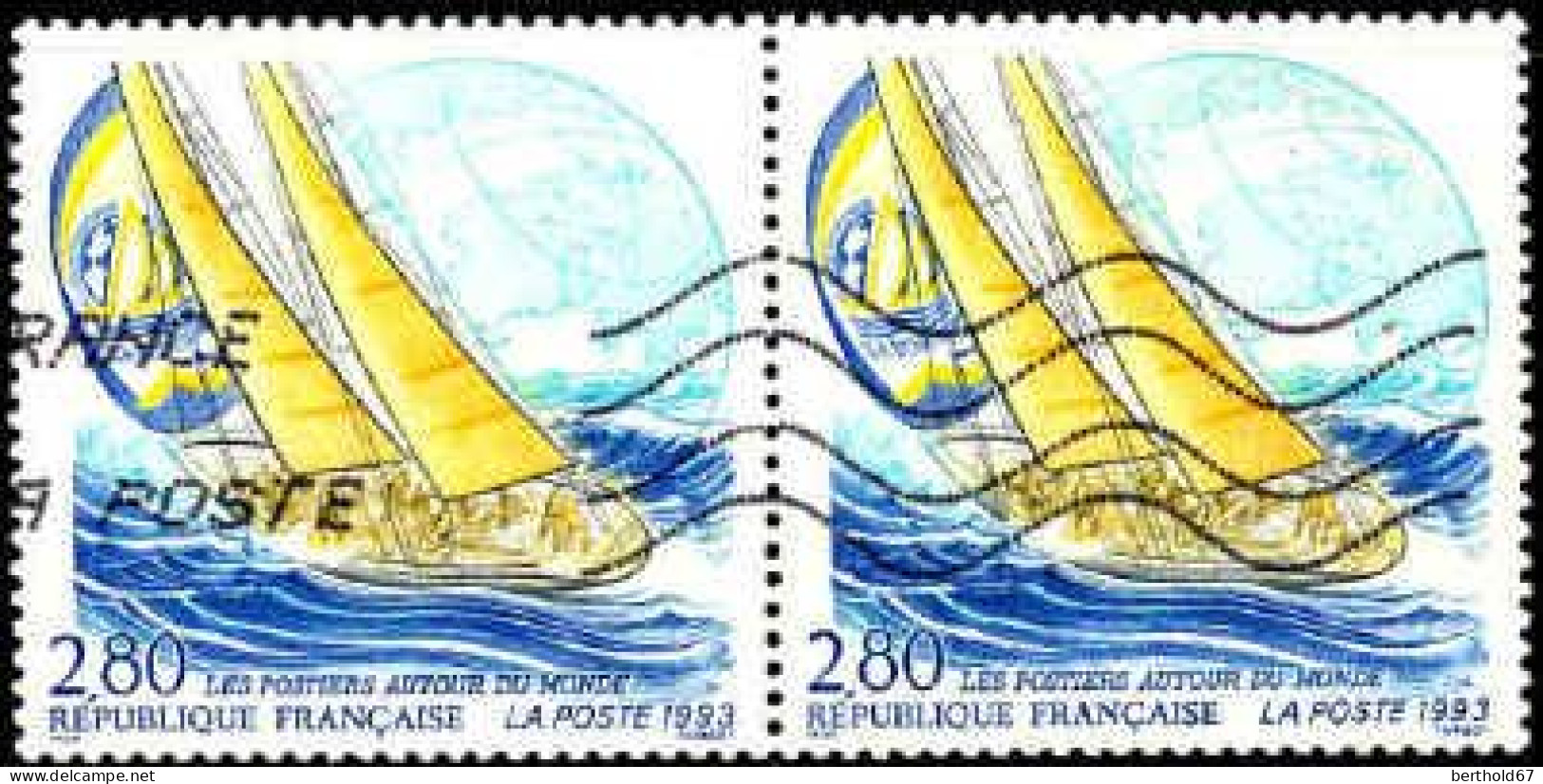 France Poste Obl Yv:2831 Mi:2977 Les Postiers Autour Du Monde Voilier Paire (Lign.Ondulées) - Oblitérés