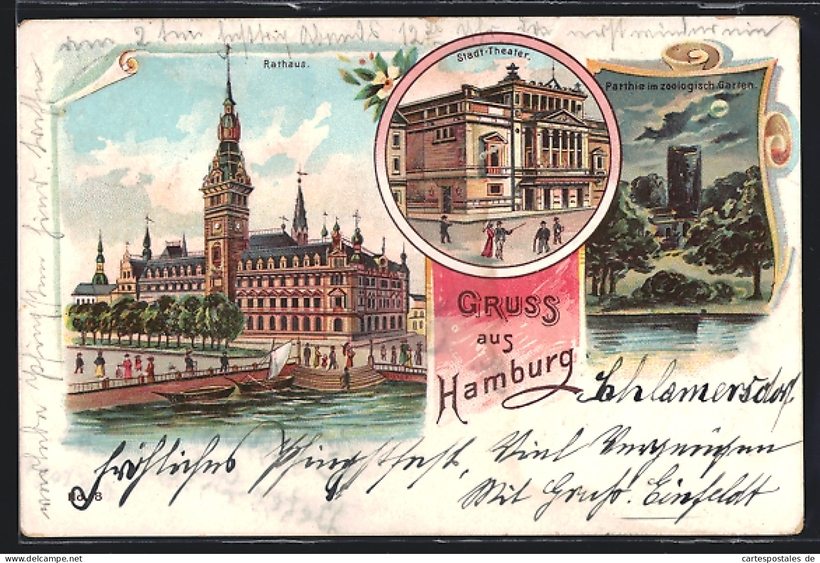 Lithographie Hamburg, Rathaus, Stadt-Theater, Zoo-Partie Bei Vollmond  - Theatre
