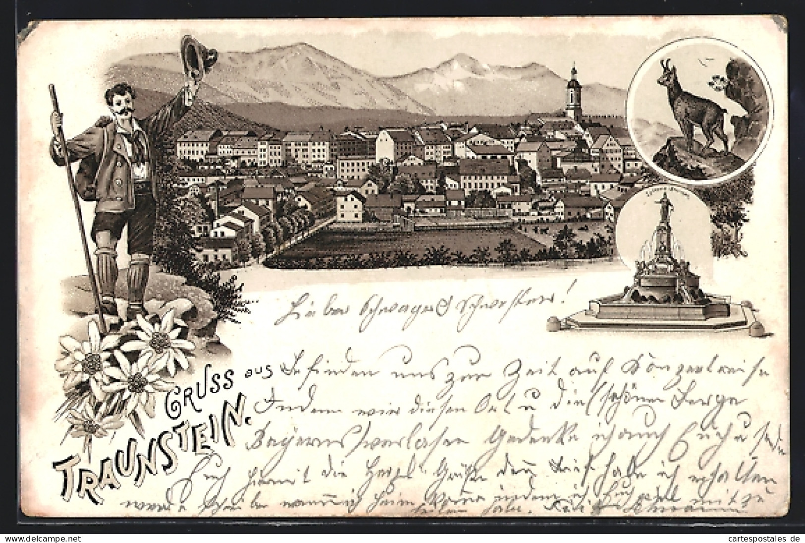 Lithographie Traunstein, Luitpold-Brunnen, Grüssender Wanderer, Ortsansicht  - Traunstein