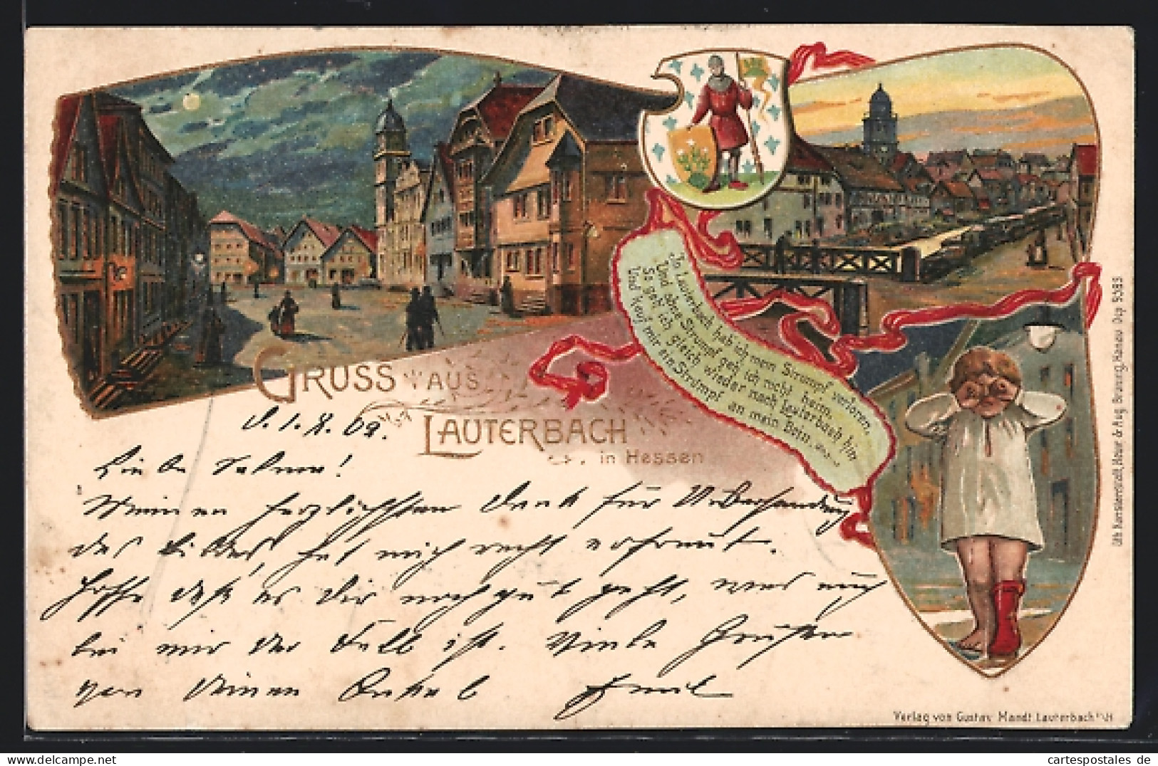 Lithographie Lauterbach, Beleuchtete Strasse Bei Nacht, Flusspartie In Der Abenddämmerung, Weinendes Mädchen, Wappen  - Lauterbach