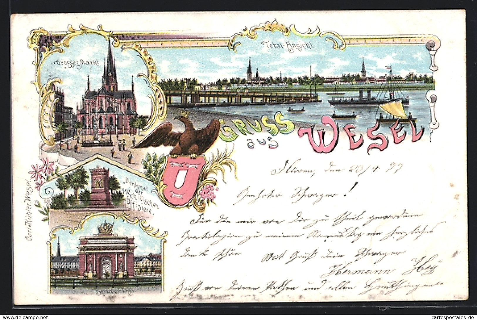 Lithographie Wesel, Grosser Markt, Berliner Thor, Totalansicht, Wappen  - Wesel