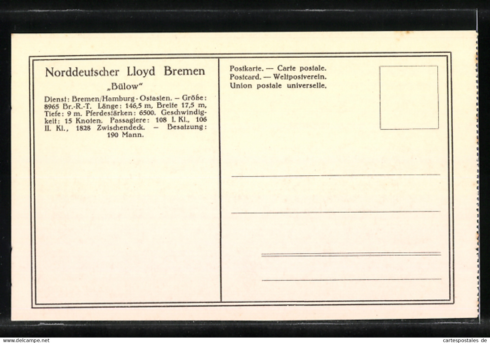 AK Norddeutscher Lloyd Bremen, Reichspostdampfer Bülow  - Postal Services