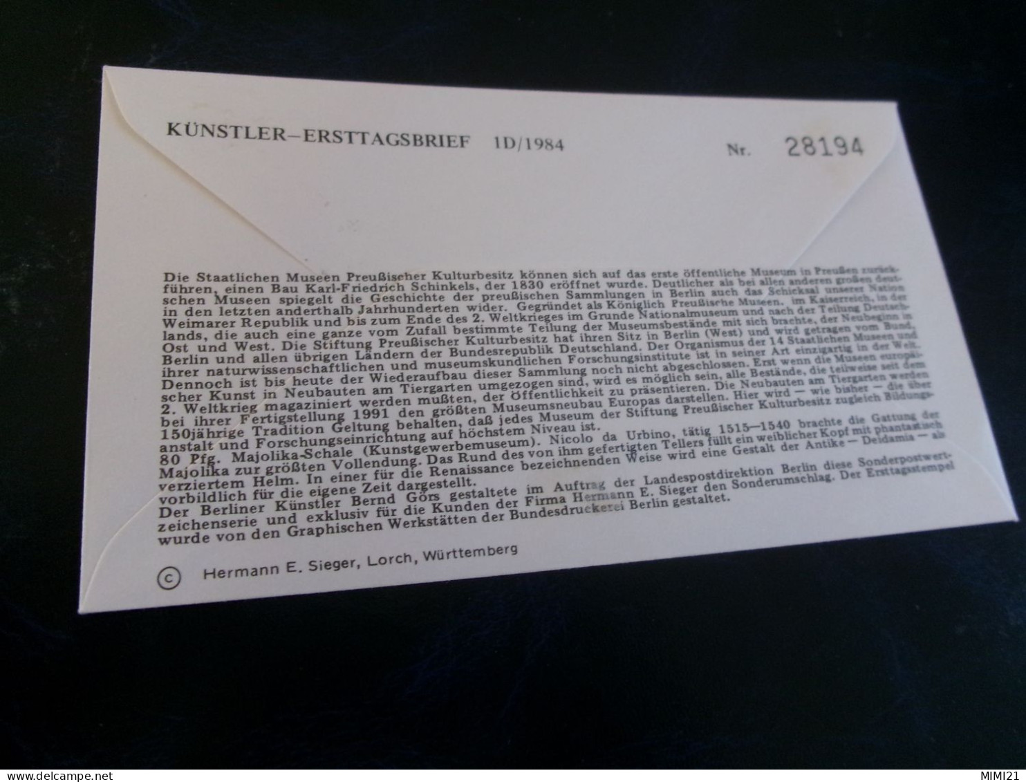 BELLE ENVELOPPE 1ER JOUR FDC "KUNSTSCHATZE IN BERLINER MUSEEN" ..CACHET BERLIN 12-01-1984 - 1981-1990