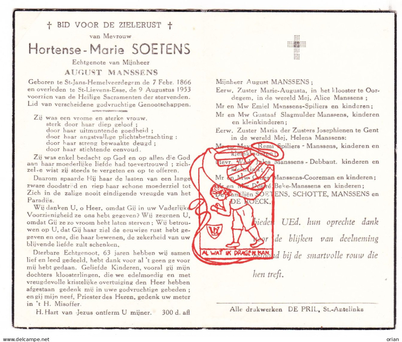 DP Hortense Marie Soetens ° Hemelveerdegem Lierde 1866 † St-Lievens-Esse Herzele 1953 Manssens Schotte De Roeck Spiliers - Images Religieuses