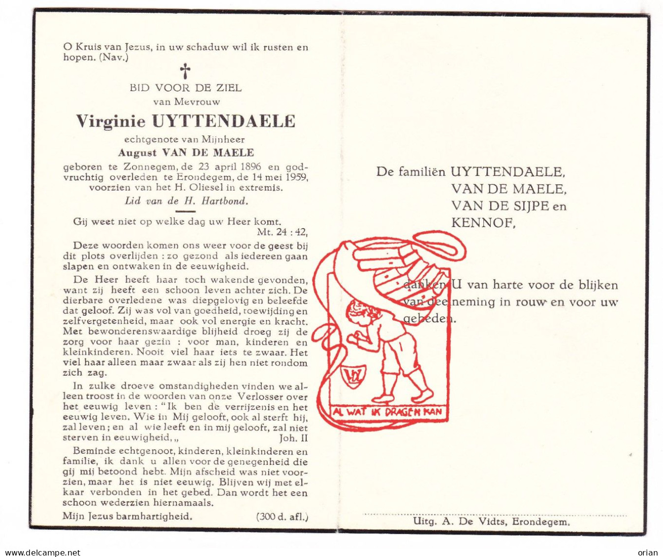 DP Virginie Uyttendaele ° Zonnegem Sint-Lievens-Houtem 1896 † Erondegem Erpe-Mere 1959 Vandemaele // Van De Sijpe Kennof - Devotion Images