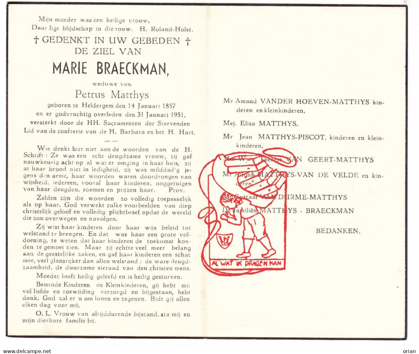 DP Marie Braeckman ° Heldergem Haaltert 1857 † 1951 X P. Matthys // Vanderhoeven Piscot Van Geert Vandevelde Van Durme - Images Religieuses