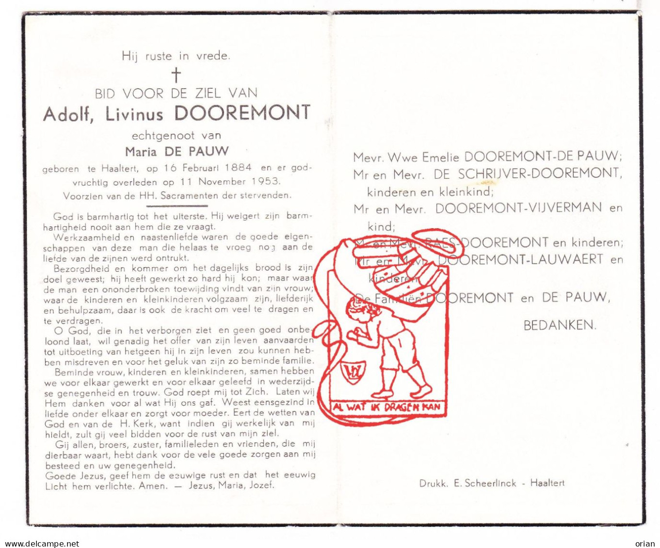 DP Adolf Livinus Dooremont ° Haaltert 1884 † 1953 X Maria De Päuw // De Schrijver Vijverman Raes Lauwaert - Devotion Images