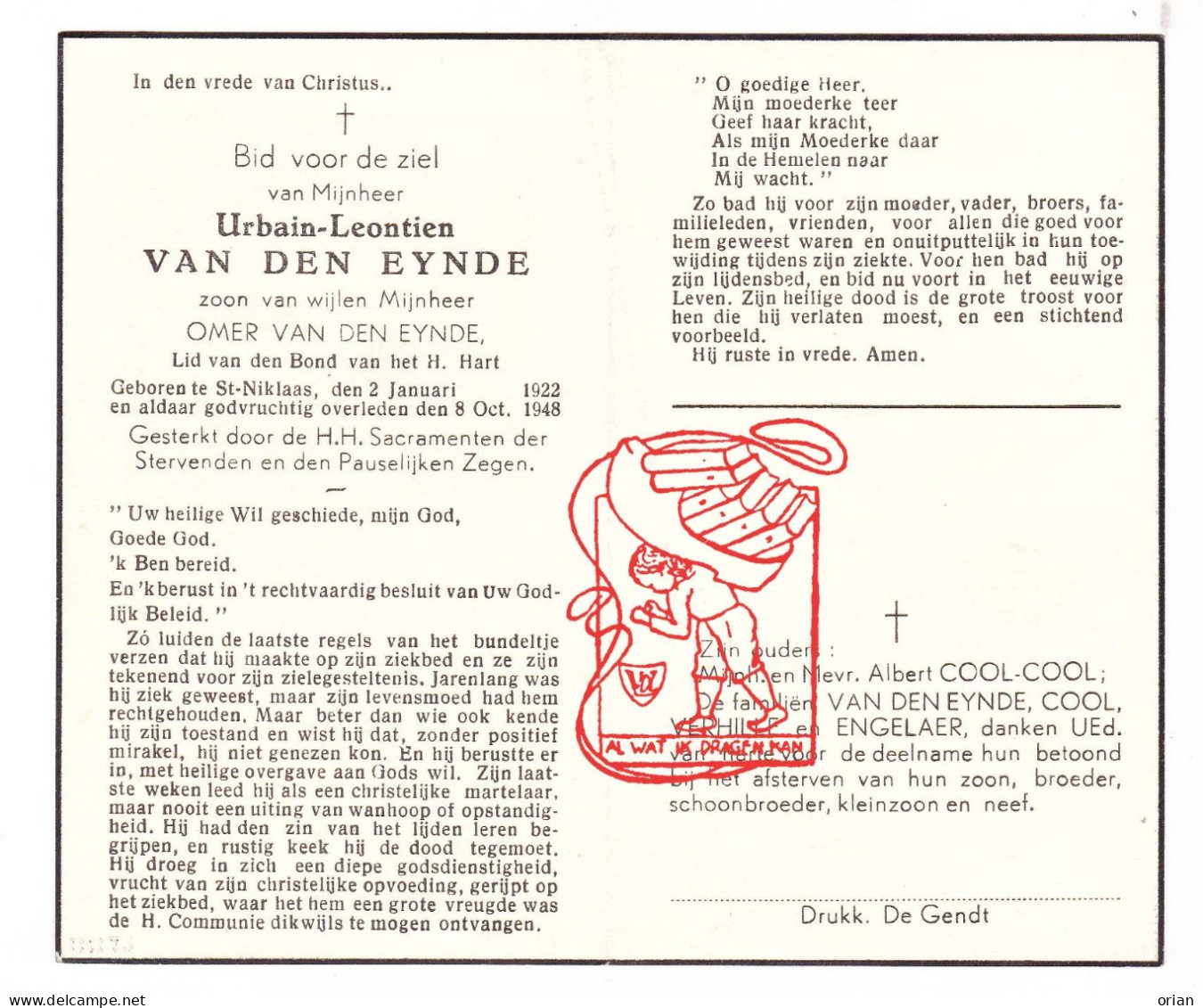 DP Urbain Leontien Van Den Eynde / ° Sint-Niklaas 1922 † 1948 Cool Verhille Engelaer - Images Religieuses