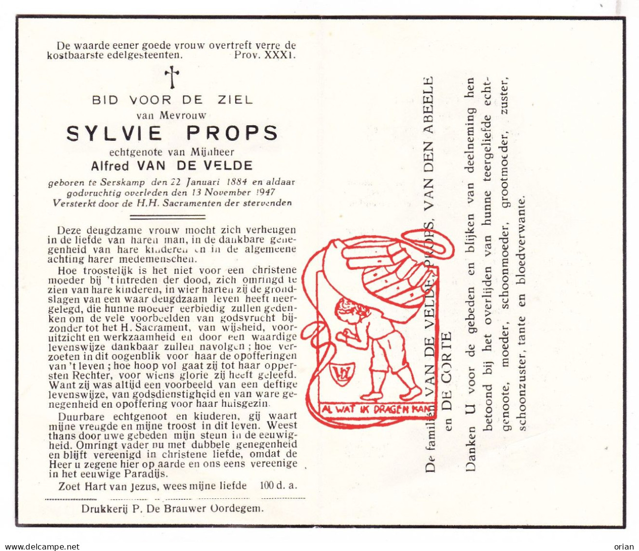 DP Sylvie Props ° Serskamp Wichelen 1884 † 1947 X Alfred Vandevelde // Vandenabeele De Corte - Images Religieuses