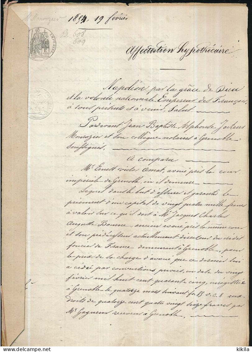 AFFECTATION HYPOTHECAIRE  Prix D'une Charge D'avoué Le 19 Février 1854  GRENOBLE - Amat - Bourne - Jocteur Monrozier - Unclassified