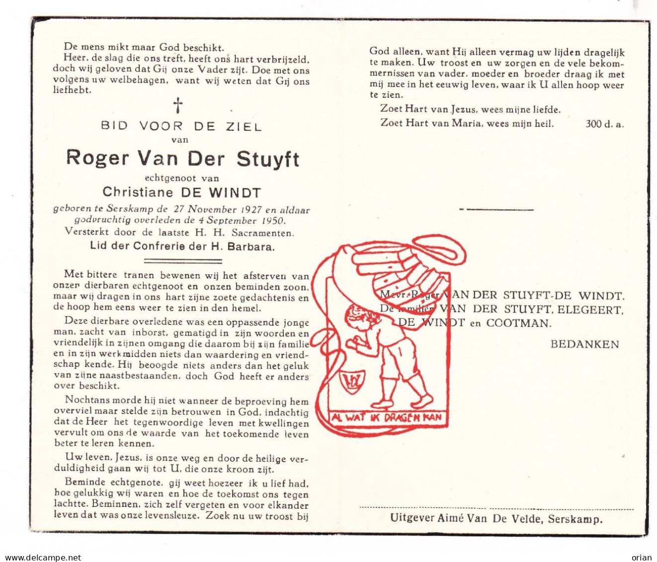 DP Roger Van Der Stuyft 22j. ° Serskamp Wichelen 1927 † 1950 X Christine De Windt // Elegeert Cootman - Devotion Images