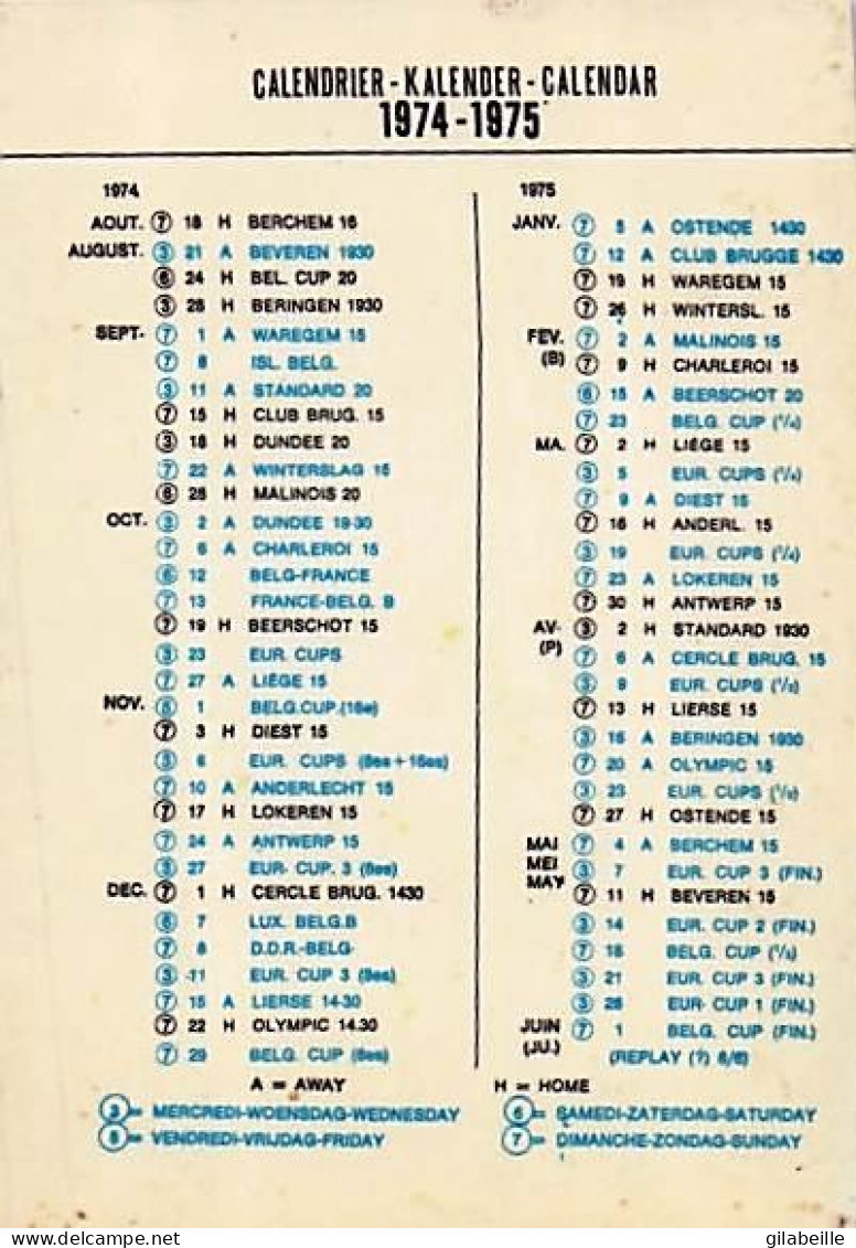 Football - Racing White Daring MOLENBEEK - Calendrier Saison 1974/1975 - Format 10.0 X7.0 Cm - Autres & Non Classés