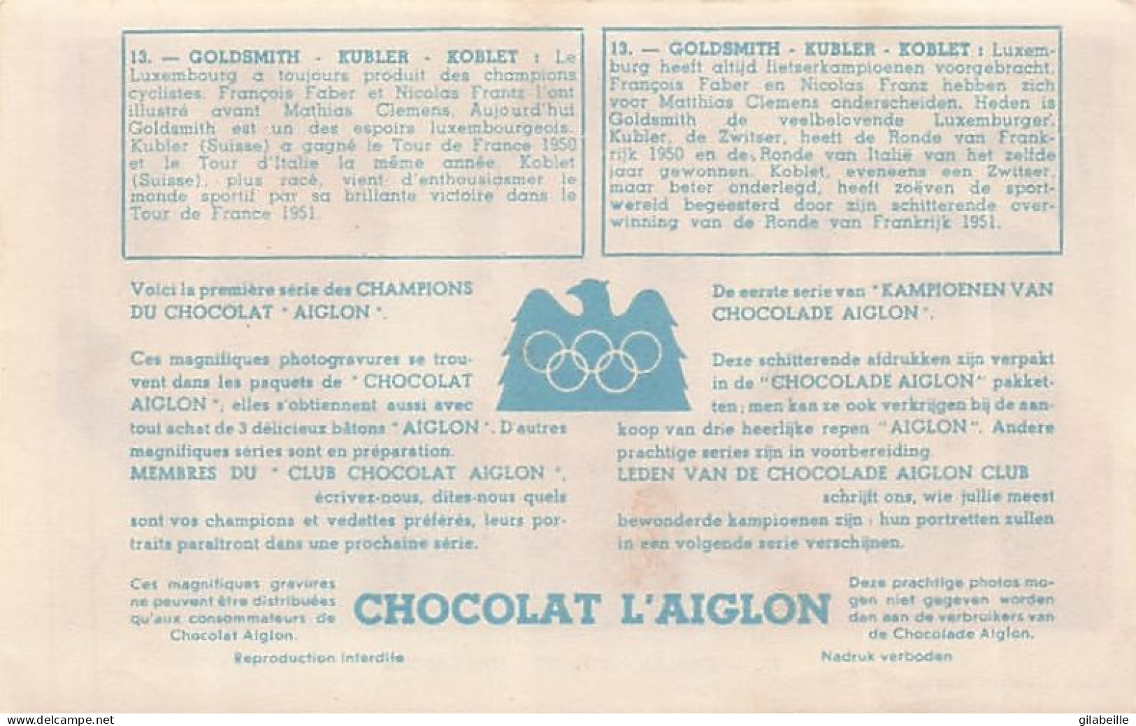 Chromo - Chocolat Aiglon - Cyclisme - Wielrenners - Cyclistes - KUBLER - KOBLET - GOLDSMITH - Altri & Non Classificati