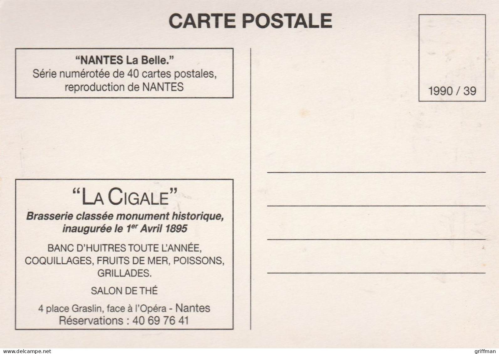 NANTES "LA CIGALE" BRASSERIE 4 PLACE GRASLIN CP PUBLICITAIRE 1990 CPSM 10X15 TBE - Nantes