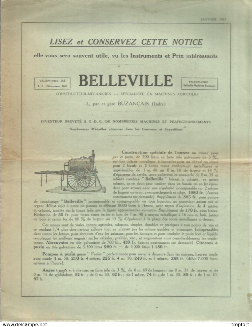 Feuillet Publicitaire  AGRICULTURE Agricole  1927 Belleville BUZANCAIS   Pompe Semoir - Publicités