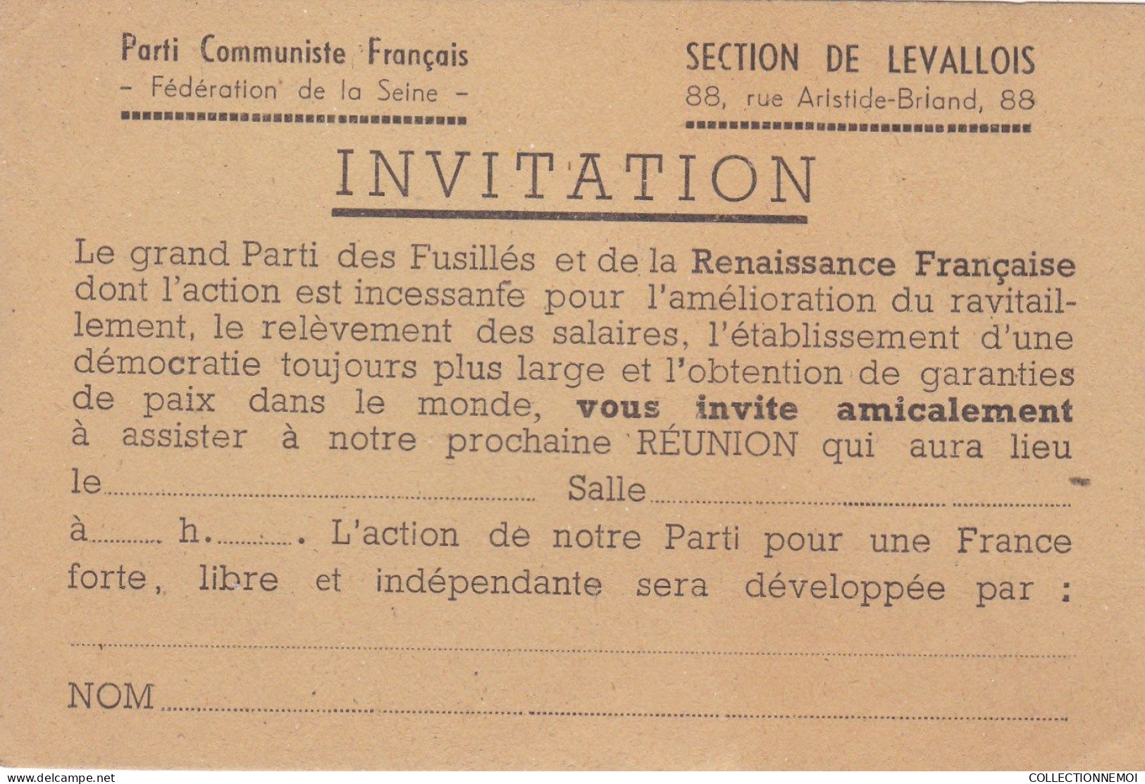 Parti Communiste Français ,,, LEVALLOIS ,,,invitation , ,,vendue Comme C'est ,,, - Documents Historiques