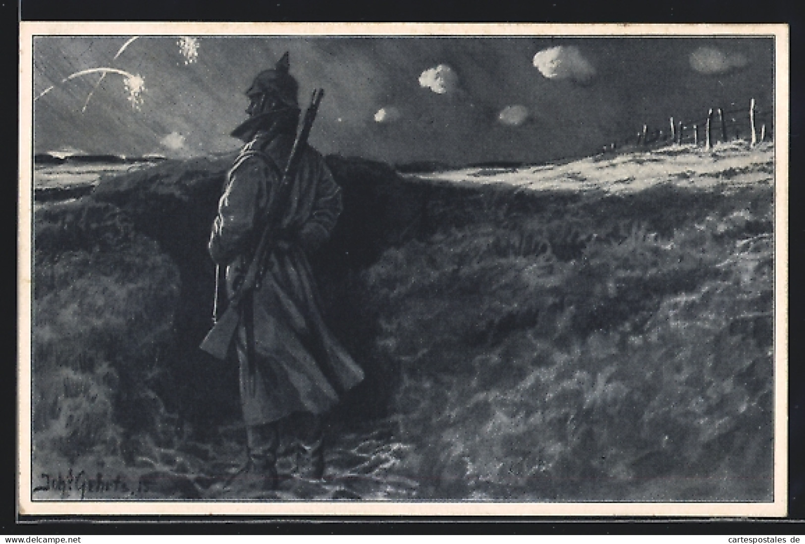 Künstler-AK Soldat Bei Feuerwerk Im Schützengraben Blickt In Den Himmel  - Guerre 1914-18