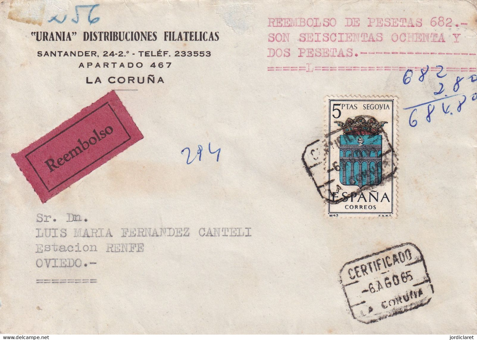 CARTA  1965 REEMBOLSO CERTIFICADO    CORUÑA - Covers & Documents