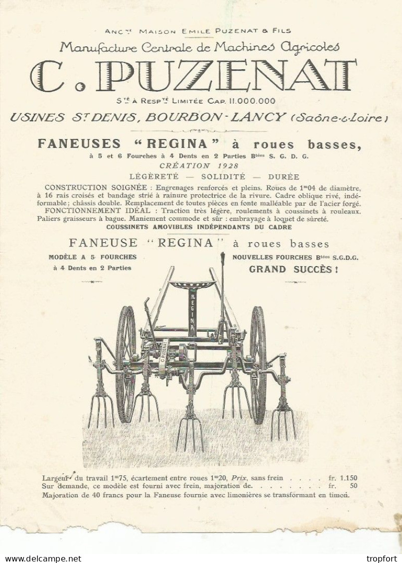 Page Publicitaire  AGRICULTURE Agricole 1929 C.PUZENAT  BOURBON LANCY Usines FANEUSE  REGINA - Advertising