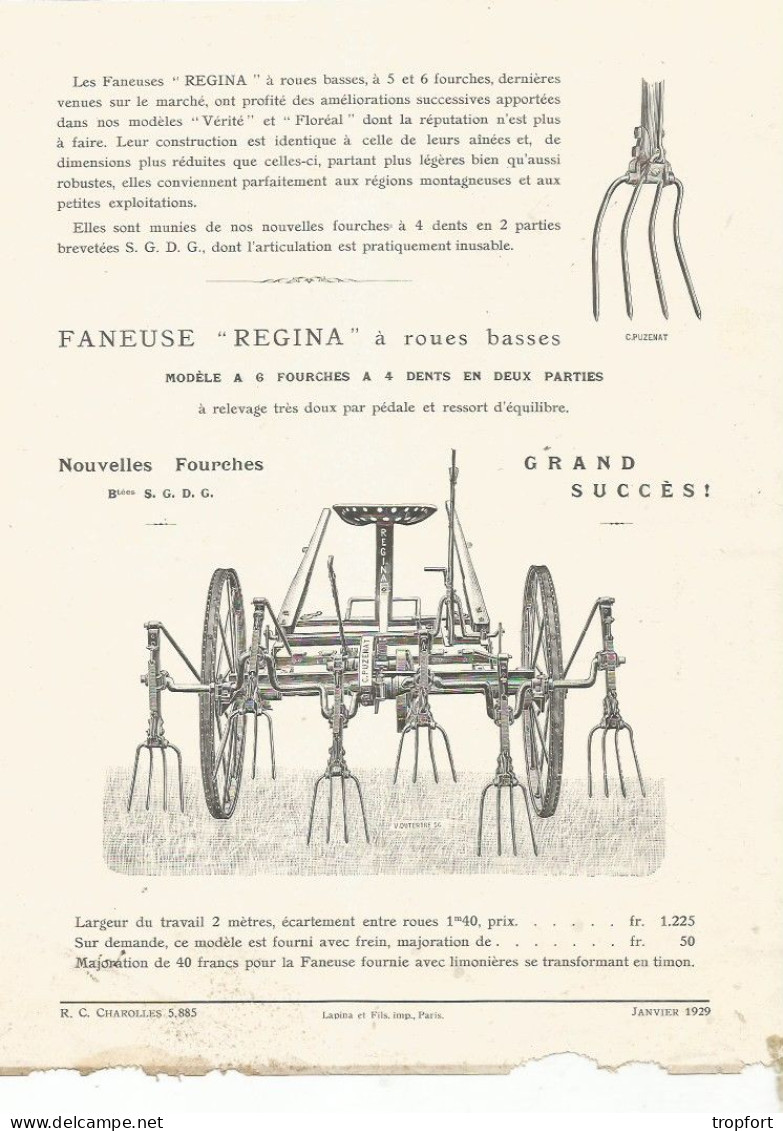 Page Publicitaire  AGRICULTURE Agricole 1929 C.PUZENAT  BOURBON LANCY Usines FANEUSE  REGINA - Advertising