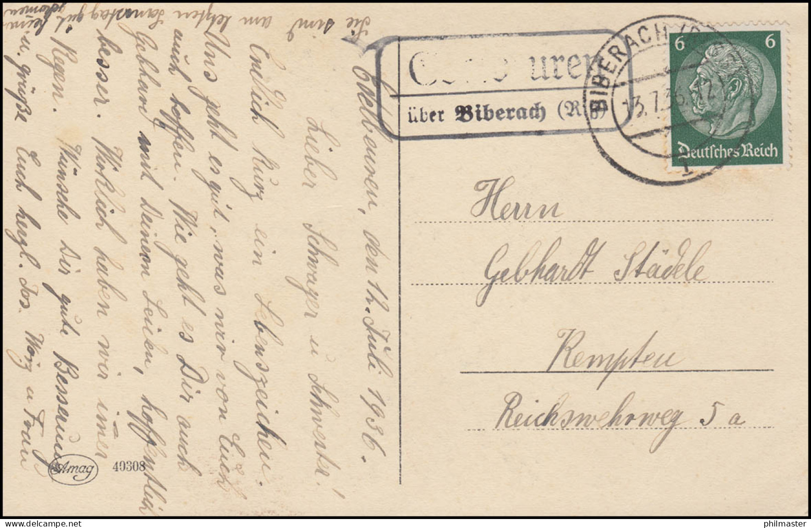 Landpost Edelbeuren über Biberach (Riss) 13.7.36 Auf Blumen-AK Rosen - Other & Unclassified