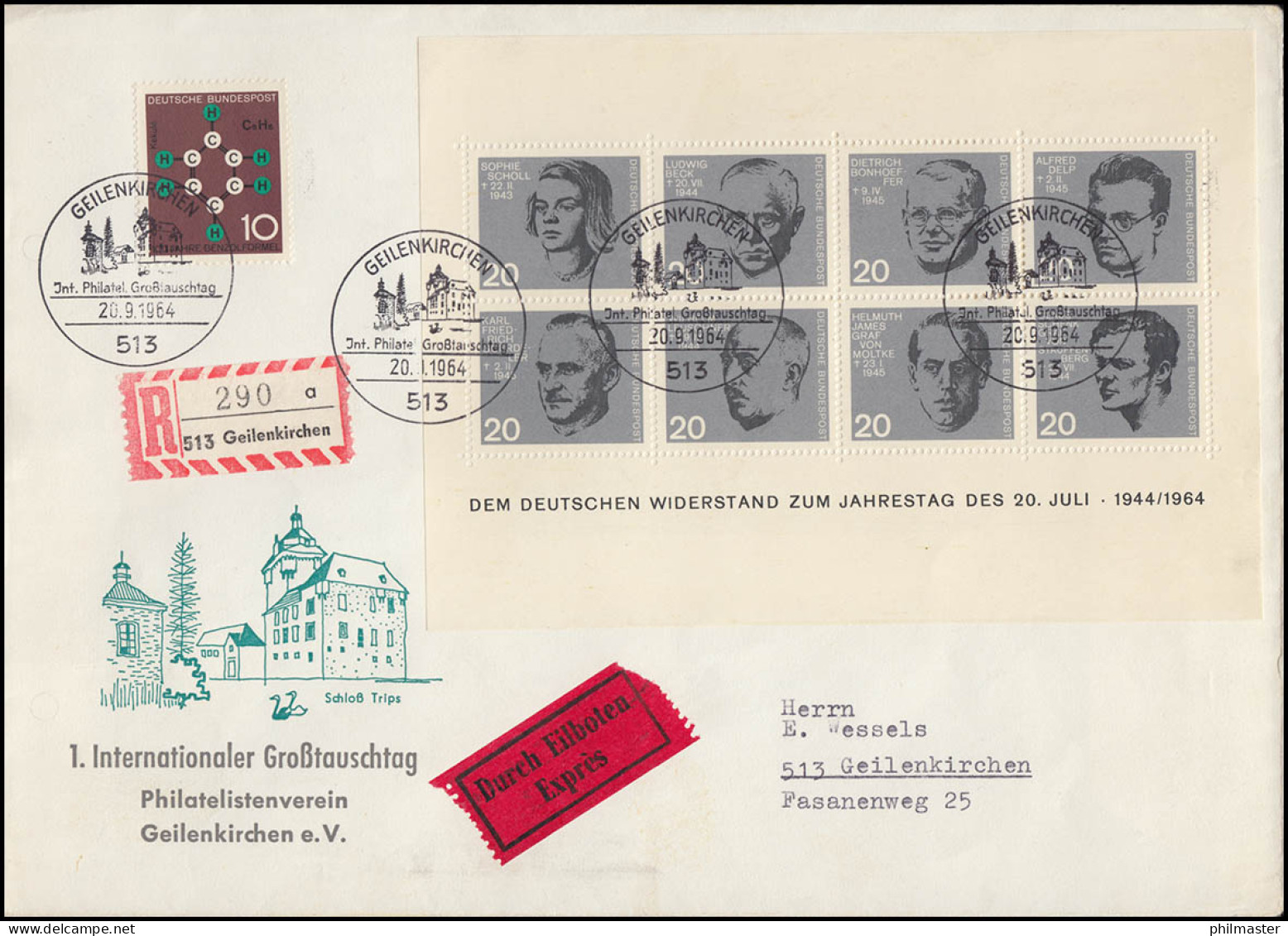 Block 3 Attentat 20.Juli 1944 Auf Schmuck-Eil-R-Bf. SSt GEILENKIRCHEN 20.9.1964 - Lettres & Documents